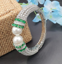 Indian 925 Silver Plated Bollywood Style Kada Bracelet CZ Emerald Jewelry Set - £61.03 GBP
