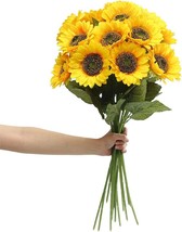Laelfe 6Pcs Artificial Sunflower Flowers Long Stem Silk Fake Sunflowers - £25.57 GBP