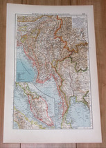 1914 Original Antique Map Of Thailand Siam Burma Myanmar Malaysia Singapore - £18.04 GBP