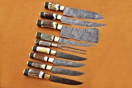 Handmade Damascus Steel, Chef Knife Set, 9 PIECE CHEF SET, Deer Antler Handle - £432.64 GBP