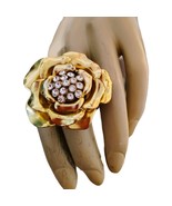 Vintage Rhinestones Gold Tone Ring Cocktail Large Flower Stretch Band - $222.06 MXN