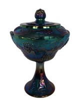 Vintage blue carnival glass footed lidded compote dish grape leaves pattern - $49.99
