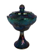 Vintage blue carnival glass footed lidded compote dish grape leaves pattern - £39.58 GBP