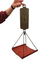 antique LANDERS farmhouse red paint HANGING STORE SCALE w TRAY improved ... - $123.70