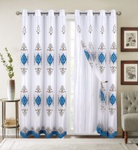 Emely Blue Color Embroidery Decorative Curtains Windows Panel 2 Pcs (110”x84”) - £38.93 GBP