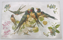 VTG 1909 Silver Tone Metallic Sparrows Birds in Love - A Gift of Love Postcard - £12.43 GBP