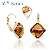 MOONROCY  Fashion Square Crystal Ring and Earring Jewelry Set Rose Gold Color Je - £11.22 GBP
