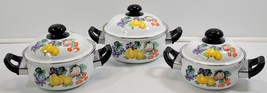 I) Vintage 3 Piece Floral Fruit Enamel Round Pot with Lid and Handle Set - £38.12 GBP