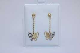 Fine 14K Two Tone Gold Diamond Cut Butterfly Dangling Earrings 1 Inch Drop - £93.72 GBP
