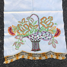 Vintage Kitchen Dish Towel White Orange Fringe Cotton Linen Embroidered Flowers - £10.79 GBP