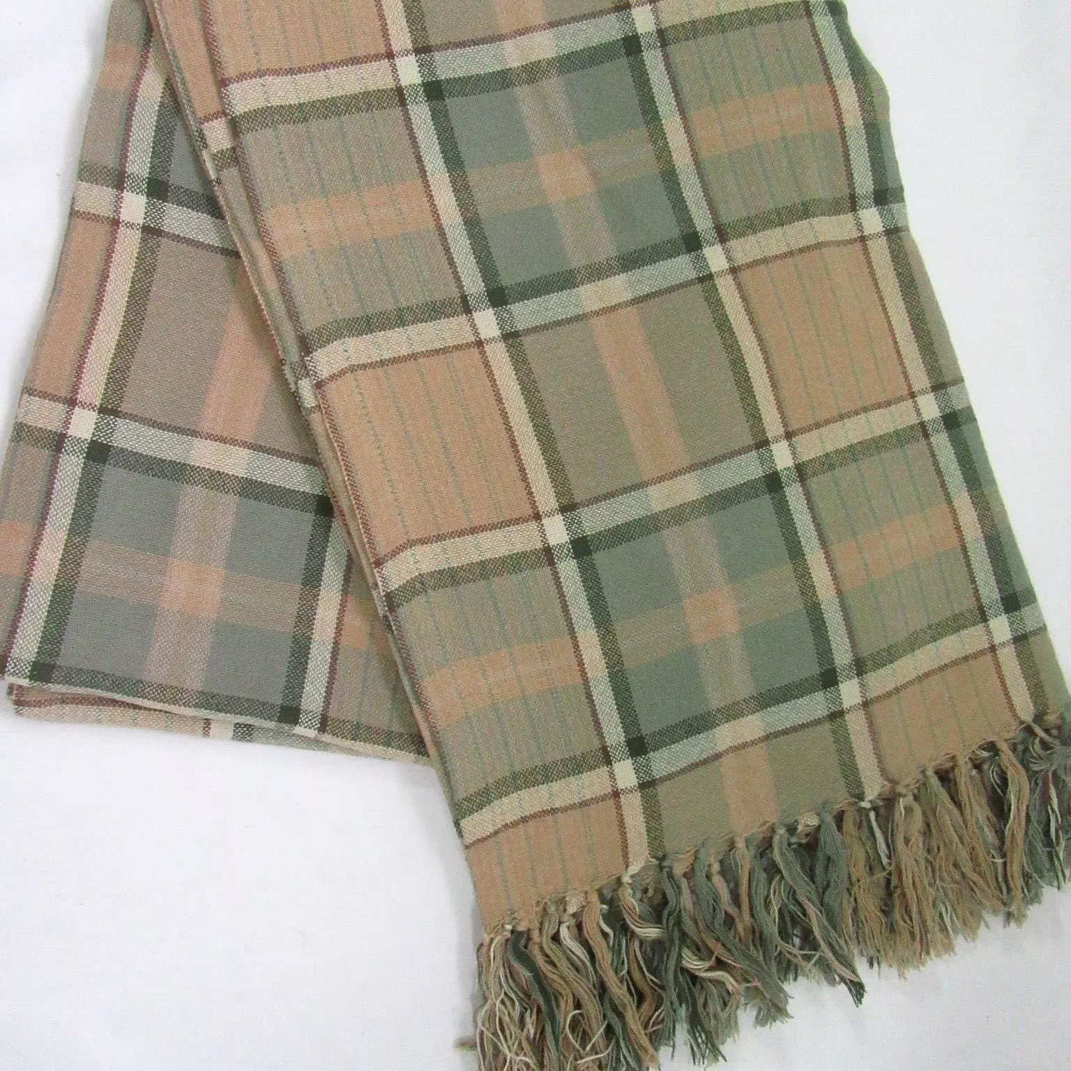 Ralph Lauren Plaid Tan and Green Tartan 54 x 72 Fringed Throw Blanket - £70.91 GBP