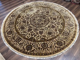 Round Indian Oriental Rug 8x8 ft Large Handmade Vintage Wool Carpet Cream Green - £1,070.60 GBP