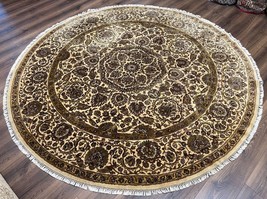 Round Indian Oriental Rug 8x8 ft Large Handmade Vintage Wool Carpet Cream Green - $1,339.33