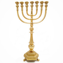 Gold Plated Seven Branch Big Menorah from Jerusalem 18 inch Brass Judaica - £275.38 GBP