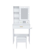 White Vanity Table, LED Mirror, Power, Stool - Compact for Small Bedrooms - $2,476.27 MXN