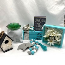 Tier Tray Decor Complete Set Aqua Teal Elephant Faux Book Bird House Love Flower - £27.21 GBP