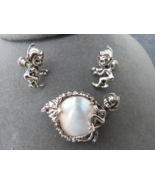 Christmas Elf Brooch Earrings Set Silver Plated Leaf Mother of Pearl Sto... - £49.91 GBP