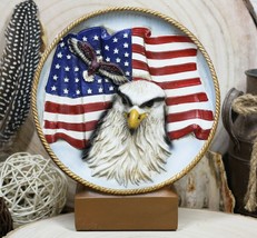 American Freedom Patriotic Soaring Bald Eagle By USA Flag Desktop Plate Plaque - £19.97 GBP