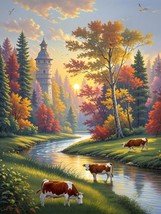 Art Giclee Printed Oil Painting unset autumn scenery Dairy Cows on canvas #02 - $8.59+