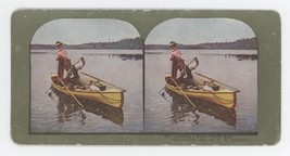 1903 Colorized Stereoview Landing a Small Mouth Bass.  Man &amp; Woman Fishing - £7.56 GBP