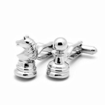 Knight And Pawn Cufflinks Chess Piece Game New W Gift Bag Groom Wedding Silver - £9.44 GBP