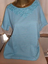 Women&#39;s Teal Striped Top with Embroidered Neckline Short Sleeve Large - ... - £6.22 GBP