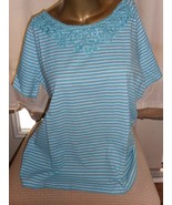 Women&#39;s Teal Striped Top with Embroidered Neckline Short Sleeve Large - ... - £6.22 GBP