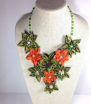 Handmade Daisy Flower V-Shape Green Orange Crystal Chain Statement Necklace - £31.23 GBP