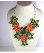 Handmade Daisy Flower V-Shape Green Orange Crystal Chain Statement Necklace - £31.13 GBP
