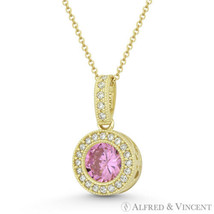Round Cut Simulated Tourmaline Cubic Zirconia CZ Halo Pendant in 14k Yellow Gold - £84.51 GBP+