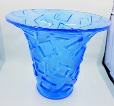 Pressed Glass Vase Fluted Blue with Raised Geometric Design Flared - £26.14 GBP