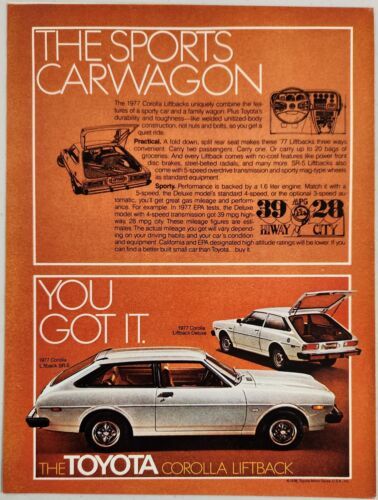 1977 Print Ad Toyota Corolla Liftback Sports Carwagon 28 MPG in City, Hwy 39 - $18.88