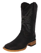 Mens Western Cowboy Boots Black Leather Woven Square Toe Botas Vaquero Tejida - £160.35 GBP