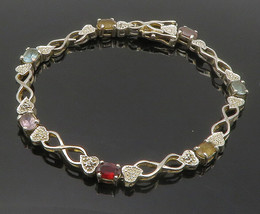 925 Sterling Silver - Genuine Diamonds &amp; Multi-Gemstone Chain Bracelet - BT5826 - £55.18 GBP