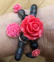 Pink Rose Gray Iridescence Bead 2 Strand Layered Handmade Bracelet Stretch - £31.62 GBP