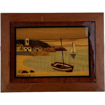 Marquetry Handmade Wooden Art Plaque Picture Harbor Scene Ships 8-1/4&quot; x 6-1/4&quot; - £37.55 GBP