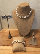 Cut Cowry Shell &amp; Rhinestone Choker Jewelry Set,Polynesian Jewels,Macram... - $80.00