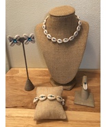 Cut Cowry Shell &amp; Rhinestone Choker Jewelry Set,Polynesian Jewels,Macram... - £62.90 GBP