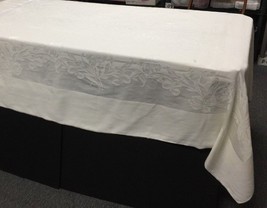 Vintage White Irish Linen Damask Tablecloth with Silk Thread Iris Design 56 X 76 - £21.88 GBP