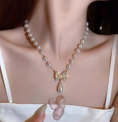 Bow pearl necklace collarbone chain Fancy pendant dress choker - $19.80