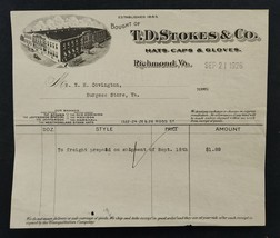 1926 antique STOKES HATS CAPS GLOVE richmond va BILLHEAD burgess store C... - $67.82
