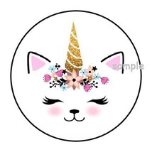 30 Cute Floral Cat Unicorn Envelope Seals Labels Stickers 1.5&quot; Round Caticorn - £5.98 GBP