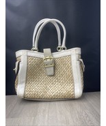 Coach Beige Handbag Handcrafted Woven Straw Purse With Genuine White Lea... - $34.74 CAD