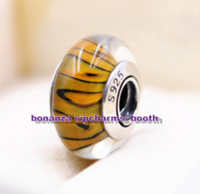 925 Sterling Silver Handmade Glass Moments Bengal Tiger Murano Glass Charm Bead - £3.42 GBP