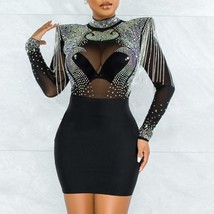  see through Black Rhinestone mini summer dress women club long sleeve bodycon c - £84.97 GBP