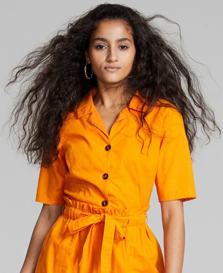 MSRP $34 And Now This Women Cotton Camp Button-Up Shirt Yellow Size XS - $7.71