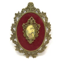 Victorian Ornate Brass Plated Floral Frame Red Velvet Fabric Medaillon Vintage - £39.88 GBP
