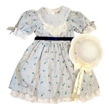 Vintage 90s Girls White Blue Floral Striped Bib Collar Party Dress w Hat... - £46.22 GBP