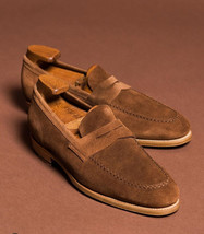 Handmade Men’s Dark Brown Color Suede Leather Shoes, Round Toe Slip On Dress  - £115.80 GBP