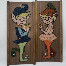 2 Kitsch Vintage Pixie Elf Boy Girl Gravel Art Framed Wall Decor 17&quot; Boh... - $104.42 CAD